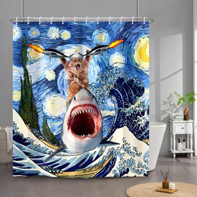 Funny Cat Shower Curtain Cute Cool Kitty Riding Whale Cartoon Animal Ocean Wave Children Bathroom Curtain Waterproof With Hook
