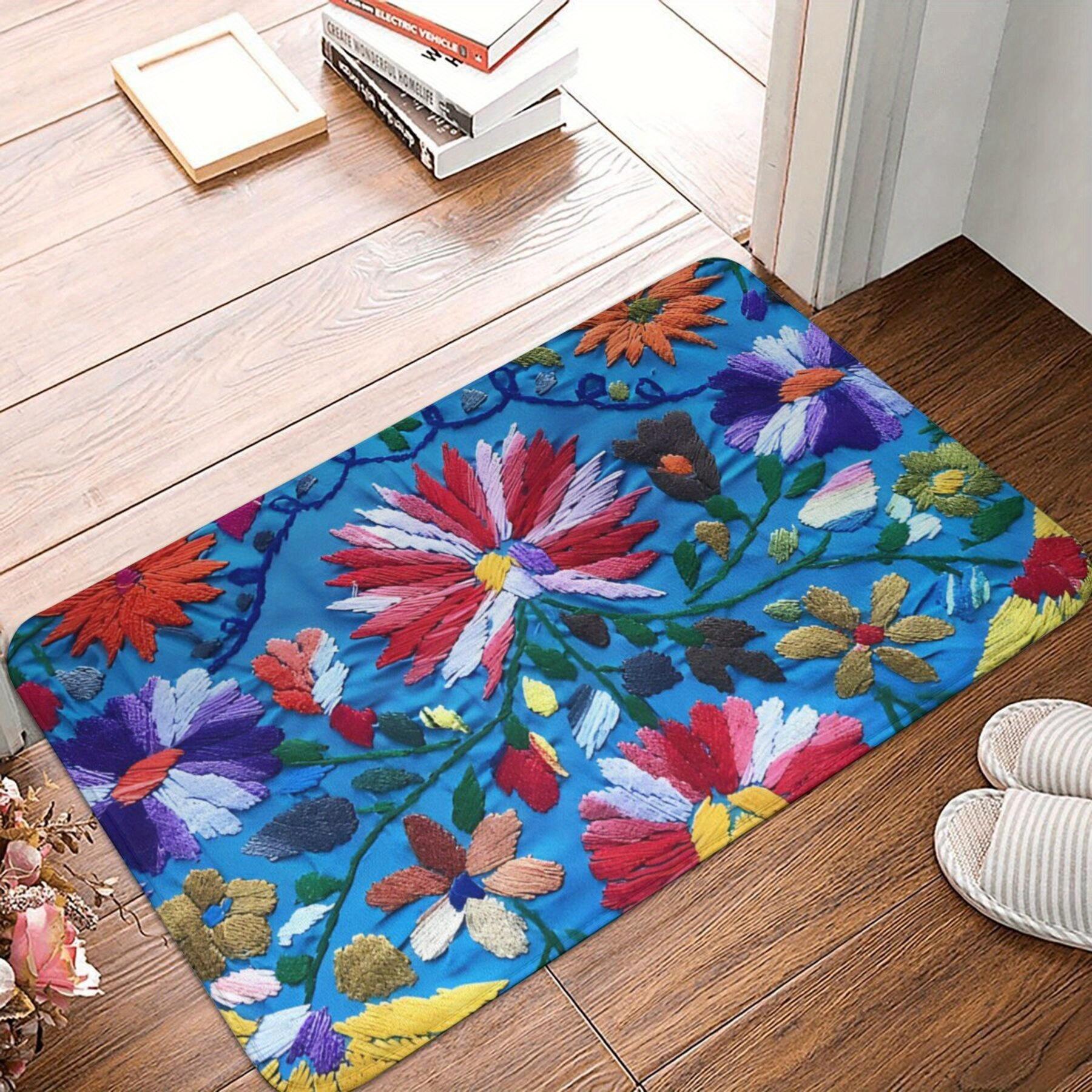 

Floral Illustration Mat, Vibrant Red White Purple Yellow Flowers on Blue Background, Polyester Rug for Indoor Home Decor 40x60cm