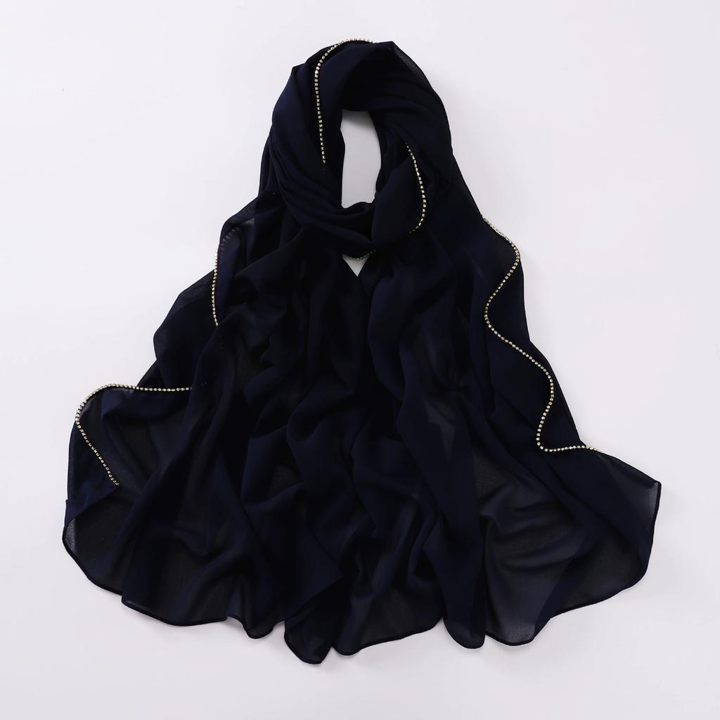 New Pearl Chiffon Hijab Scarf Copper Chain With Black Crystal Pearls Women Muslim Fashion Hijabs For Women Ramadan Turban Femme