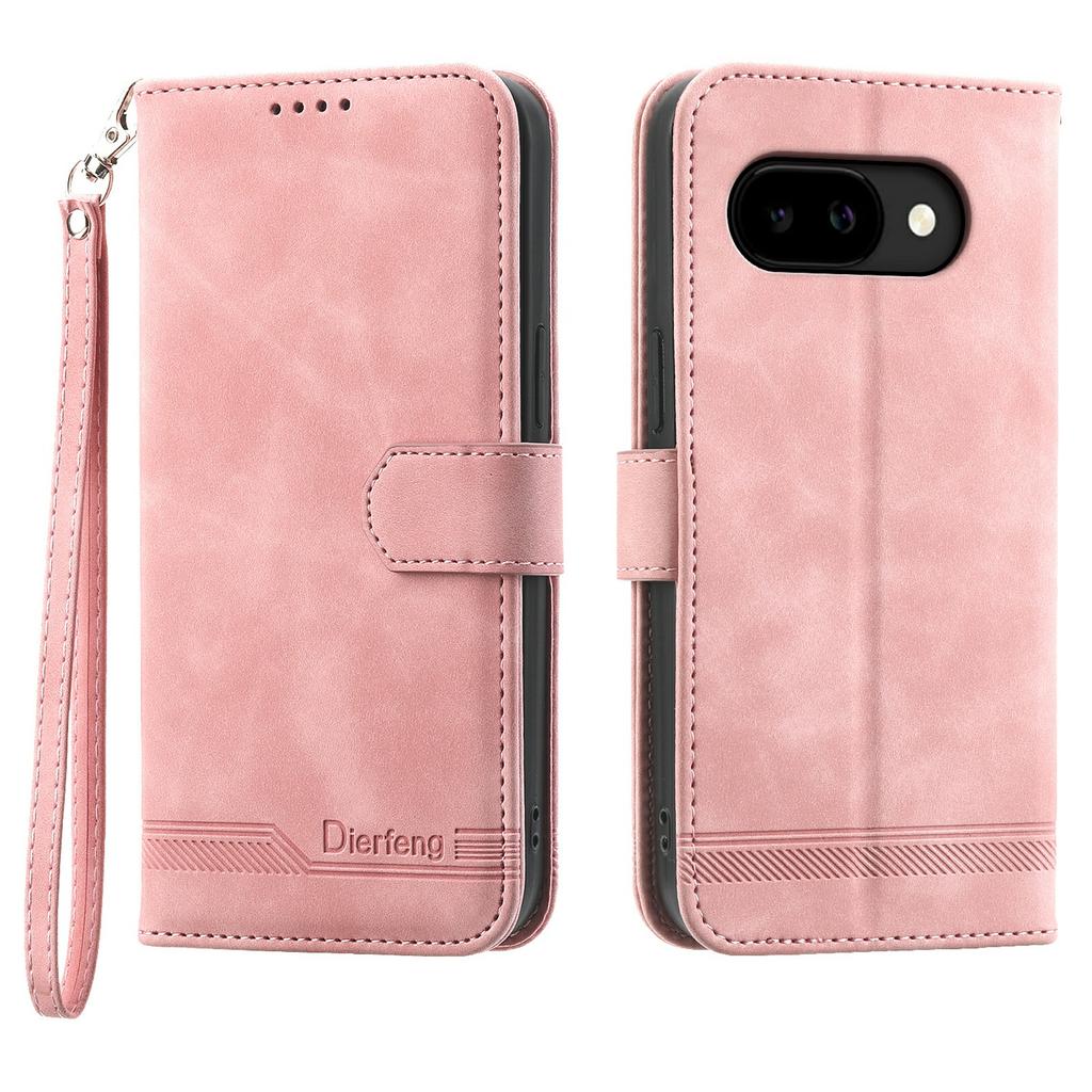 DIERFENG DF-03 For Google Pixel 10a Case Lines Imprint Wallet Leather Phone Cover with Wrist Strap