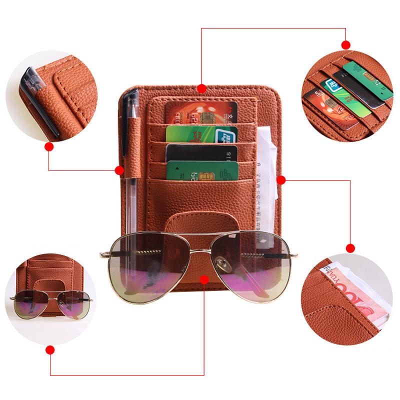 Car Sun Visor Organizer PU Leather Car Document Storage Pouch Pen Holder Multi-Pocket Sunglasses Clip Auto Interior Accessories