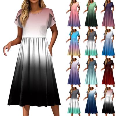 Women's Fashion Casual Loose Printed Round Neck Pocket Short Sleeve Dresses