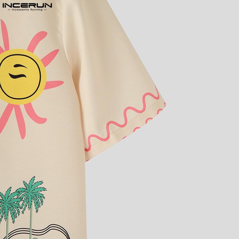 INCERUN S-XXXXXL Men Lapel Neck Short Sleeve Cartoon Print Casual Loose Shirts