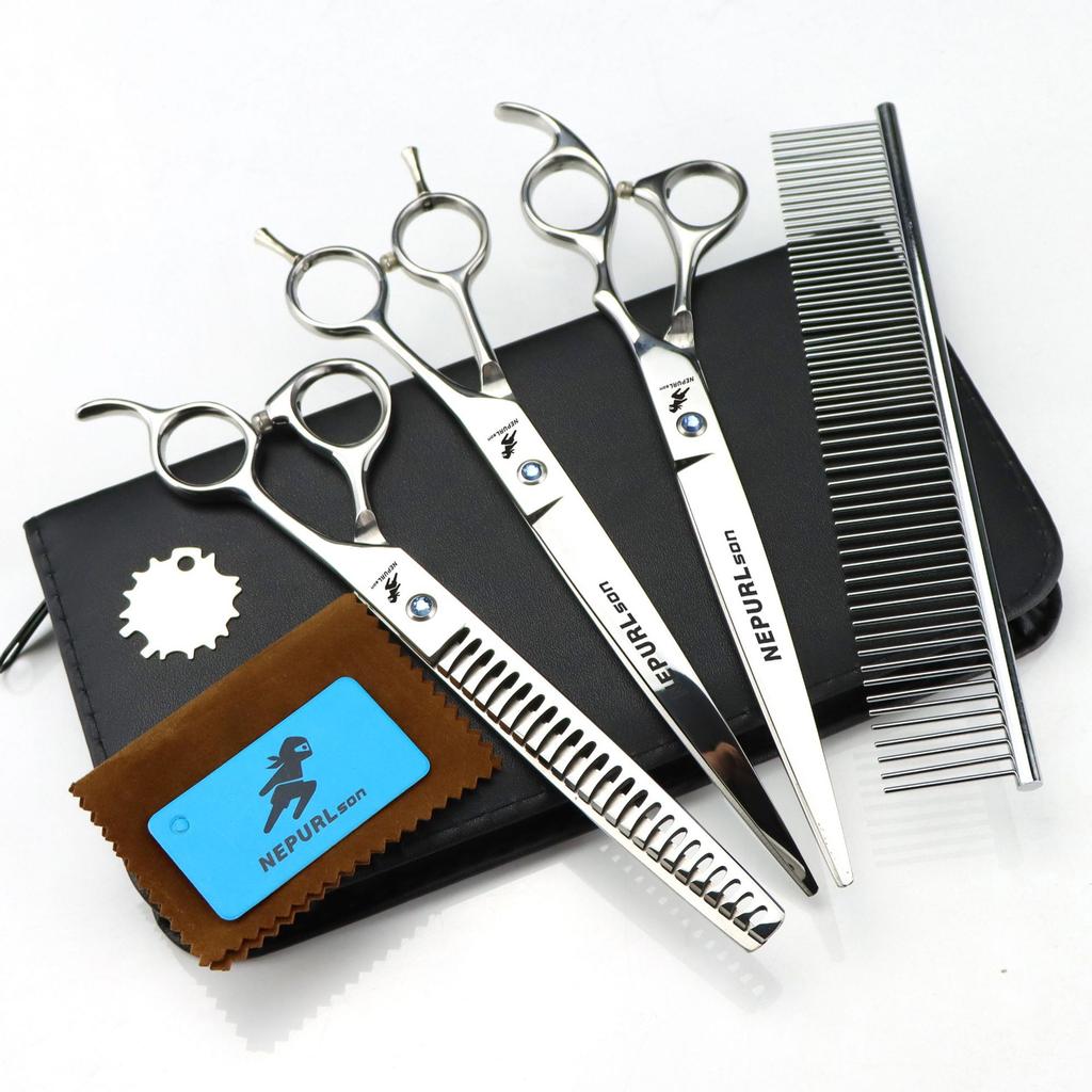 8.0 Inch Napson Glossy Silver 3 Pack Pet Grooming Scissors Straight Cut Set Send Row Comb 2H