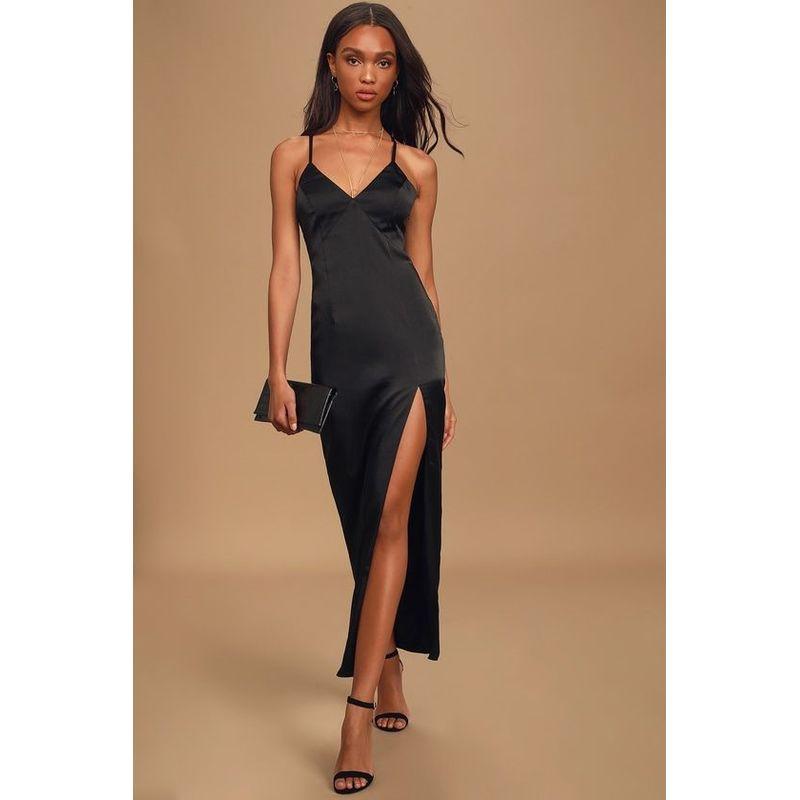 Export Lu's Sling Hepburn Dark High Quality V Neck Split Waist Fitted Slimming and Fashionable Smooth Fabric Dress