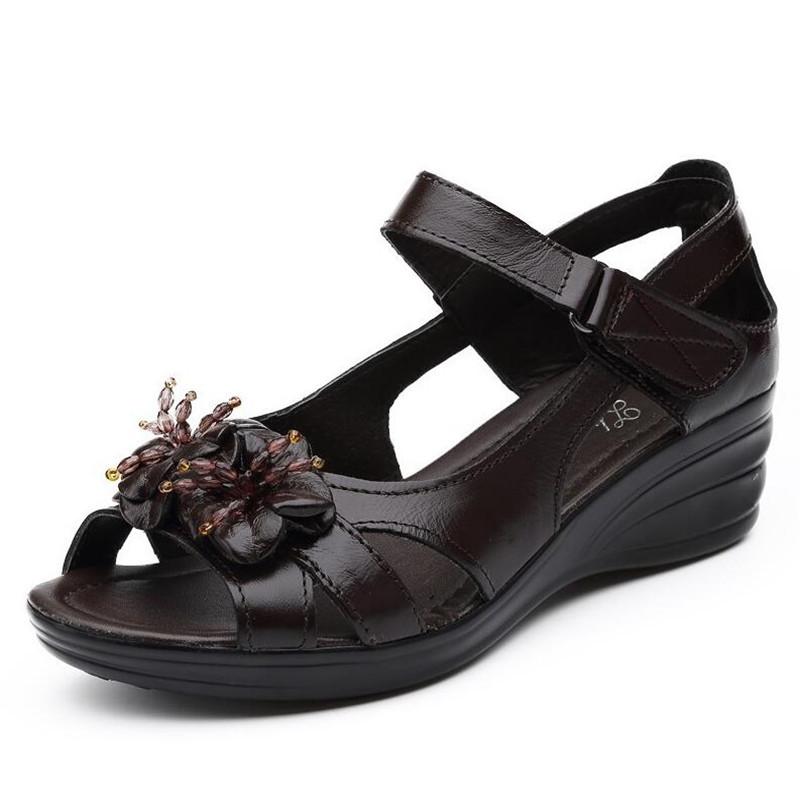 Cowhide women's sandals summer fashion diamond platform High heels casual Slope Heels slippers womens shoes Cozy mother shoes