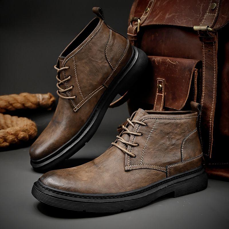 Men's Leather Shoes Retro  Boots High Top Leather Shoes
