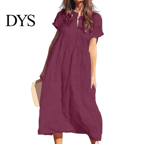 Casual Chic Women Dress Women's Cotton Linen Maxi Short Sleeve V-Neck Lightweight Summer For Sundress Loose Beach Pleated Long for Vacation