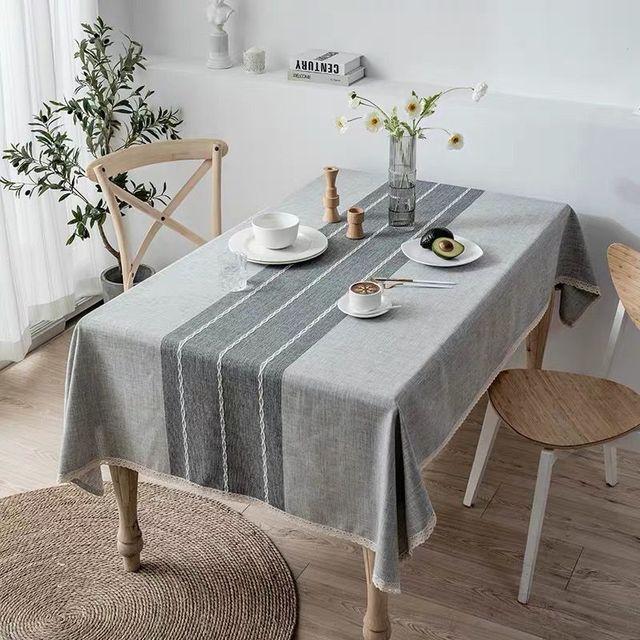Šedobéžový dekorativní lněný pruhovaný ubrus s krajkou, voděodolný, silný, obdélníkový, bytový, na jídelní stůl, čajová utěrka