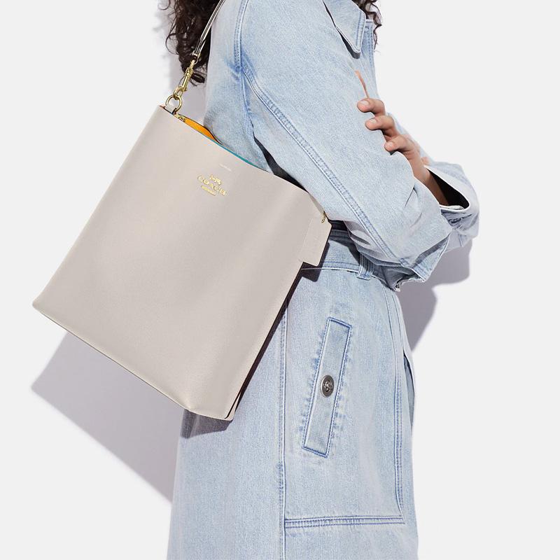 Coach Mollie Metallic Logo Signature Charm Solid Leather Bucket Bag Women Bags Chalk-White CA214-IMCHK