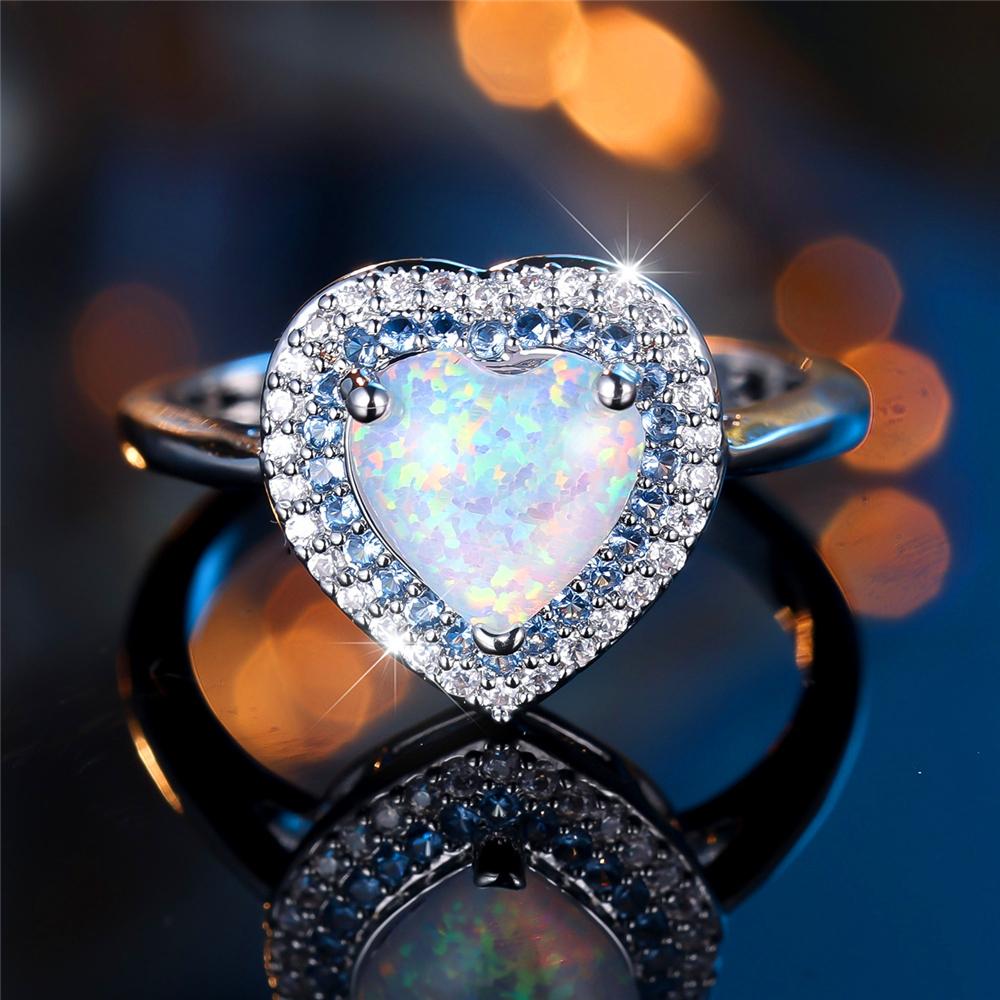 Trendy White Opal Crystal Love Heart Stone Vintage Silver Color Wedding Bands Engagement Rings For Wome Jewelry