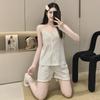 Women's Floral Summer Pajama Set: V-Neck Camisole, Shorts, and Thin Cardigan In Cotton