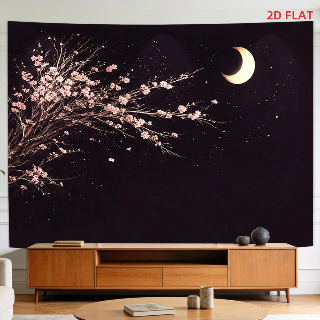 2D Flat - 2D Flat - A Tapestry Featuring a Large Or Small Design of a Night Scene with a Crescent Moon, Cherry Blossoms, Stars, And a Dark Sky, Perfec