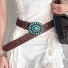 Western Belt with Retro Turquoise Buckle Retro Flower Pattern Faux Leather Women Cool Belt Outfit Accessory