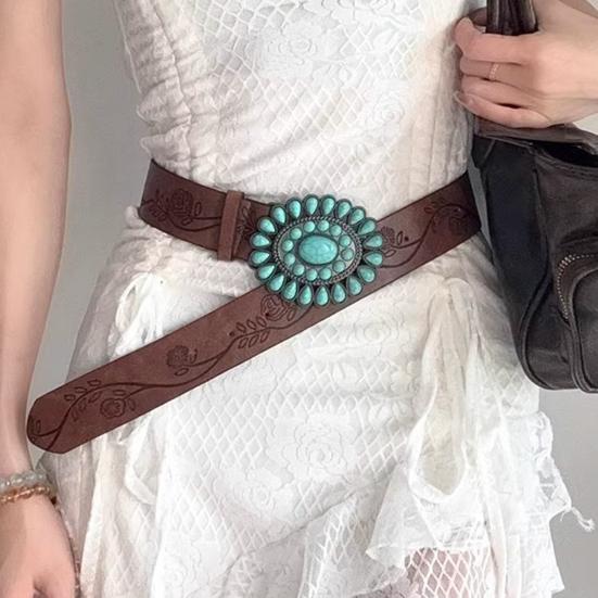 Western Belt with Retro Turquoise Buckle Retro Flower Pattern Faux Leather Women Cool Belt Outfit Accessory