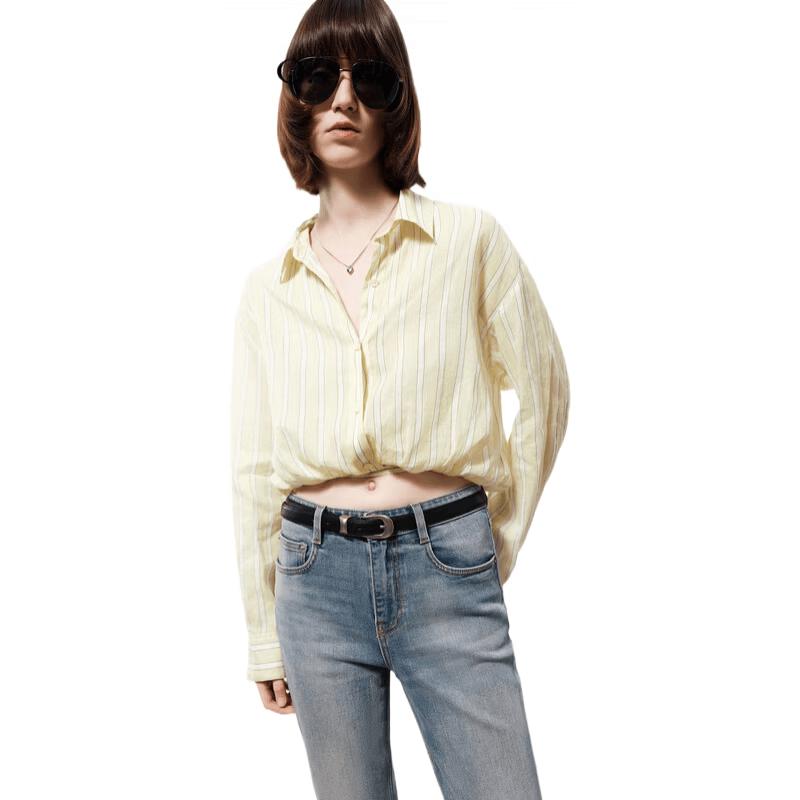 

MO&Co. Ramie-Cotton Blend Striped Tie-Front Short Shirt M (165)