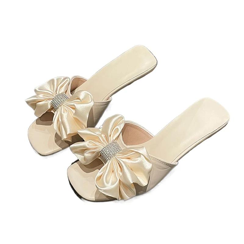 Fashion Ladies Shoes 2025 Open Toe Women's Slippers Fashion Dress Slippers Women Square Toe Crystal Bow Tie Thin Heels Women's Sandals