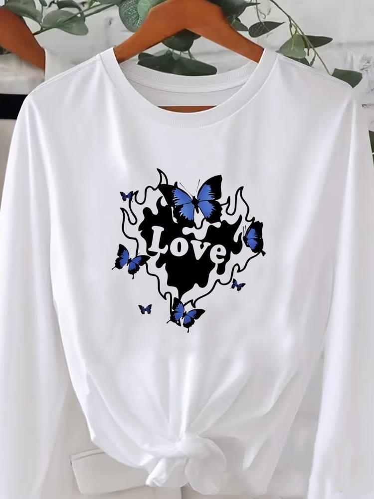 (Asian Size) flower letter cute style Printed o-neck Long Sleeve T Shirt Tee Lady Women Female Clothing Casual Fashion Top Graphic T-shirts