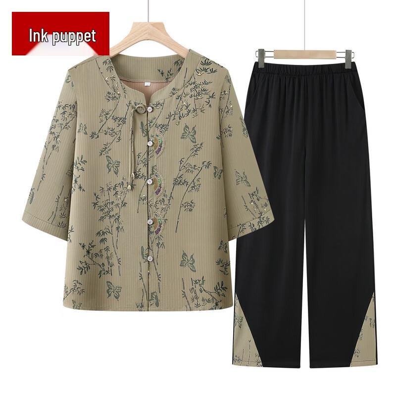 Elderly Women's Chinese Style Seven-Sleeve Top & Pants Set