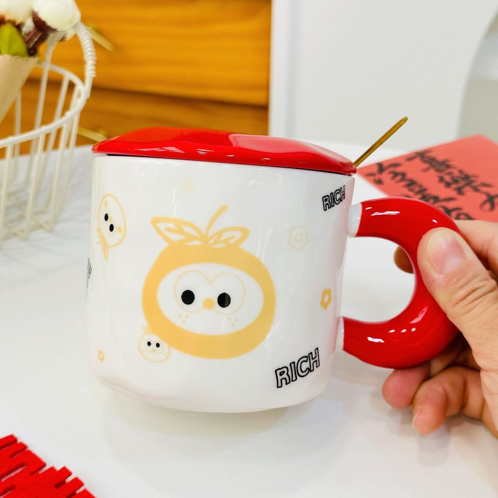 Small Orange with Lid Spoon Red Ceramic Cup Cartoon Cute High Value Mug Household Water Cup Set