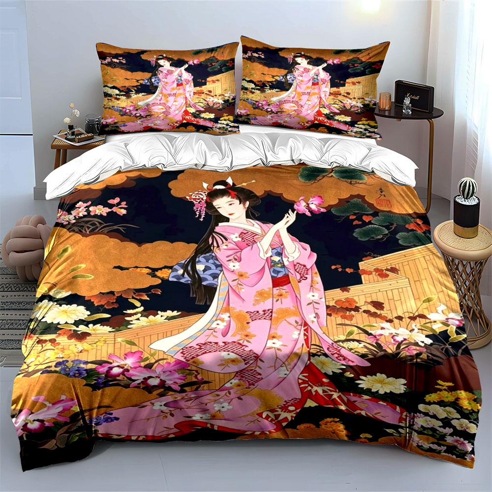 Japanisches Ukiyo-e Rosa Kimono Geisha Floral Bettwäsche-Set 3tlg. Vintage Orientalische Dame Orchideen-Druck 1 Bettbezug und 2 Kissenbezüge