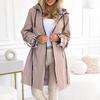 Women's Light Brown Hooded Trench Coat with Plaid Trim, Casual Long Jacket for Spring and Autumn