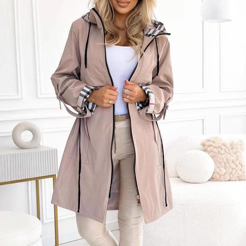 Women's Light Brown Hooded Trench Coat with Plaid Trim, Casual Long Jacket for Spring and Autumn