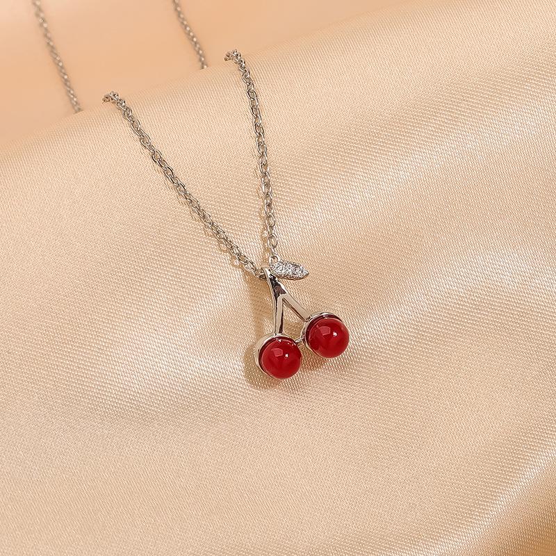 Women's Luxury Zircon Cherry Pendant Necklace - Elegant Copper Clavicle Chain