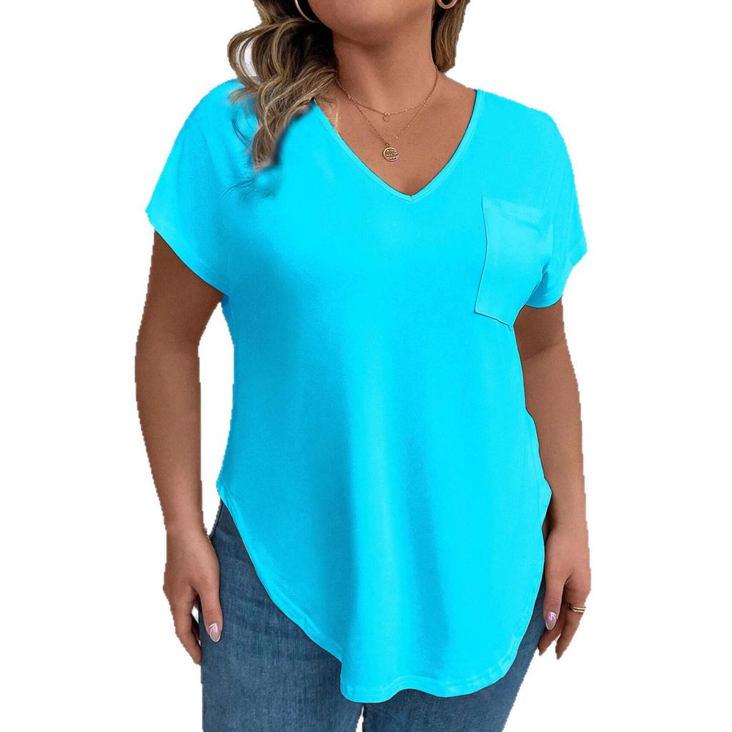 Plus Size Women's V-Neck Short Sleeve Loose Pullover T-Shirt - Solid Color for Spring/Autumn 2026