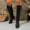Size 35-43 Women's Red Leather Long Boots Front Lace-up Side Zipper Pointed Toe Chunky High Heel Fashion Knee-High Boots Autumn