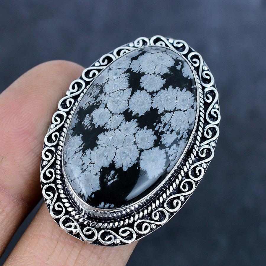 Natural Snowflake Obsidian Gemstone 925 Sterling Silver Jewelry Ring Size 7 o0v41