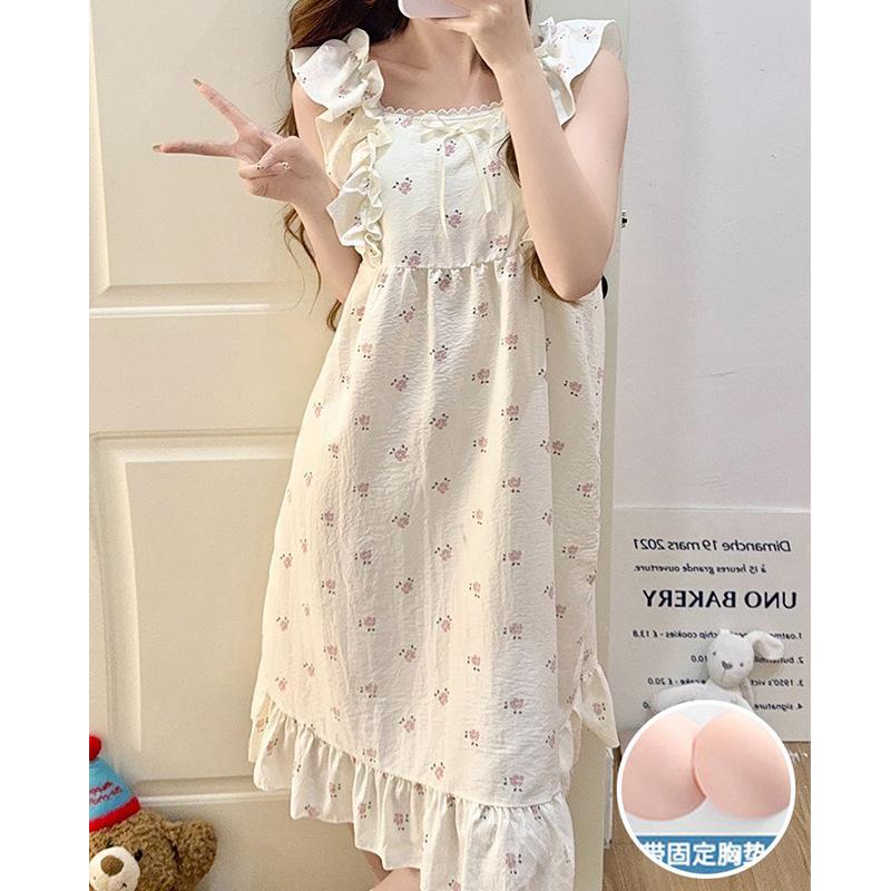 Cloud cotton summer short-sleeved nightdress pajamas women with chest pads cute cartoon sweet can be worn outside loungewear skirt women