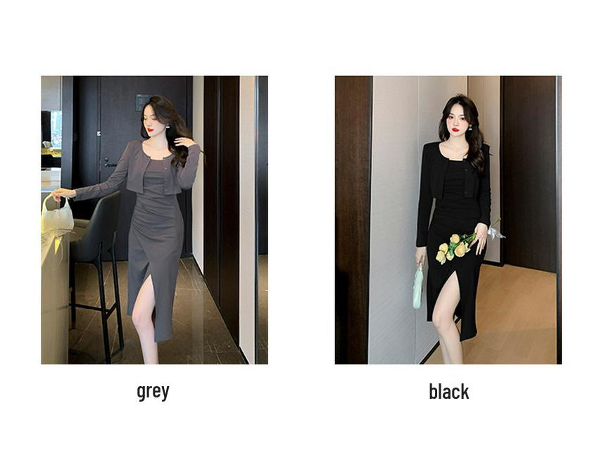 Spring Pure Desire Dress & Cardigan Set - Spaghetti Strap Slit Skirt + Long Sleeve Top