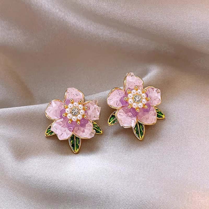 Koreanische Lila Kristall Kamelien Ohrstecker für Damen Elegante Tropföl Perle Blume Ohrringe Hochzeit Zirkonia Accessoires