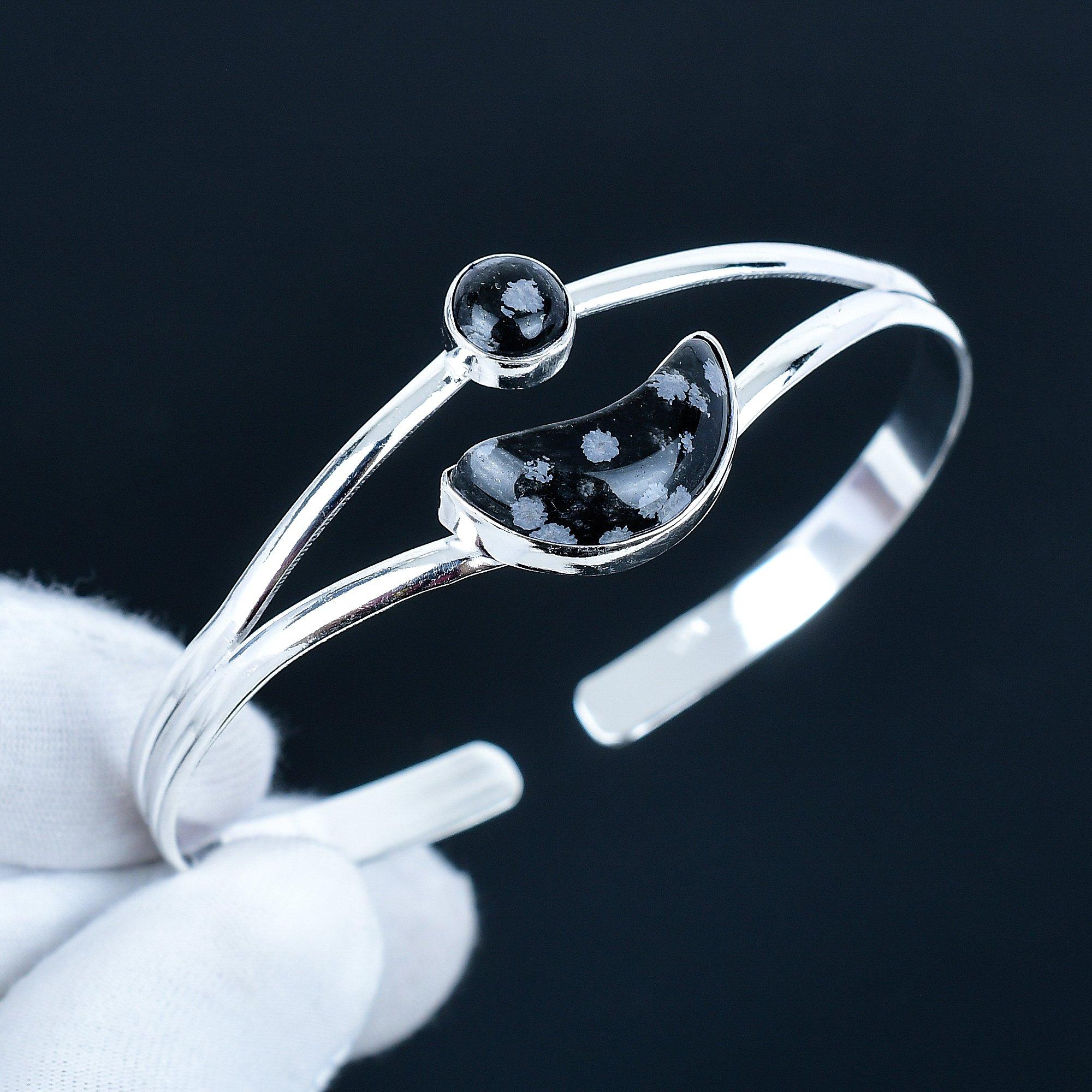 

Самоцвет Снежный обсидиан Ручной работы Манжета-браслет 925 Стерлинговое серебро Манжета-браслет, Браслет Снежный обсидиан для жены, Унисекс браслет, Подарок на день рождения 7 чёрный