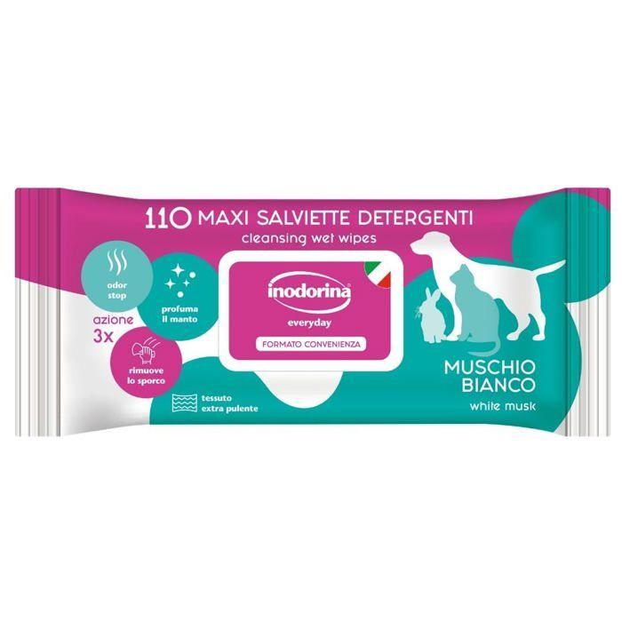 Lingettes pour animaux - Inodorina - 110 pièces - Musc blanc - Tissu résistant - Odor Stop - Action adoucissante