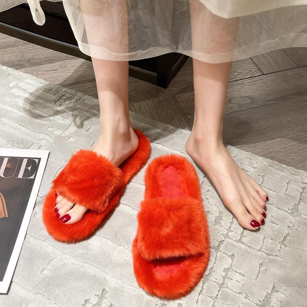 Mao Mao slippers women's outer wear 2025 new Korean version of rabbit fur shoes autumn and winter household one-word flat-bottomed home cotton slip
