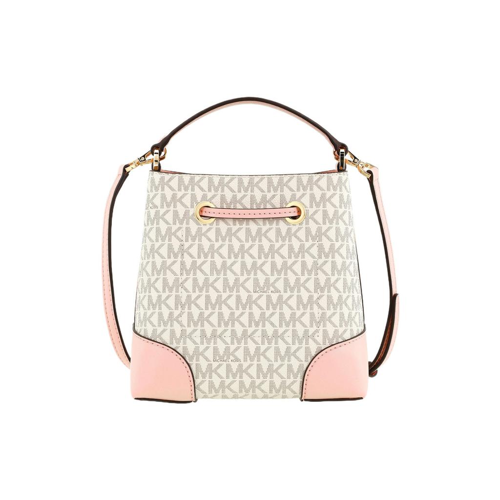 Michael Kors MK Mercer 18 Classic Monogram Drawstring Closure Coated Canvas And Cotton Bucket Bag Women bags White Pink 35F2GM9M1B-640