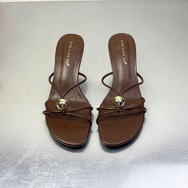 Fashion Black Footwear Metal Fashion Round Toe Ladies Medium Heels Sandals Female Slides Shoes Elegant Women Heeled Sandals Shoes Pumps