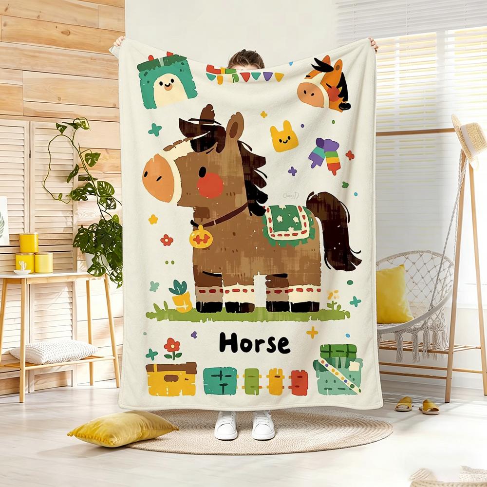 Painting Cute Pony Throw Lightweight 240G Flannel Blanket Soft Skin-Friendly For Summer Cooling