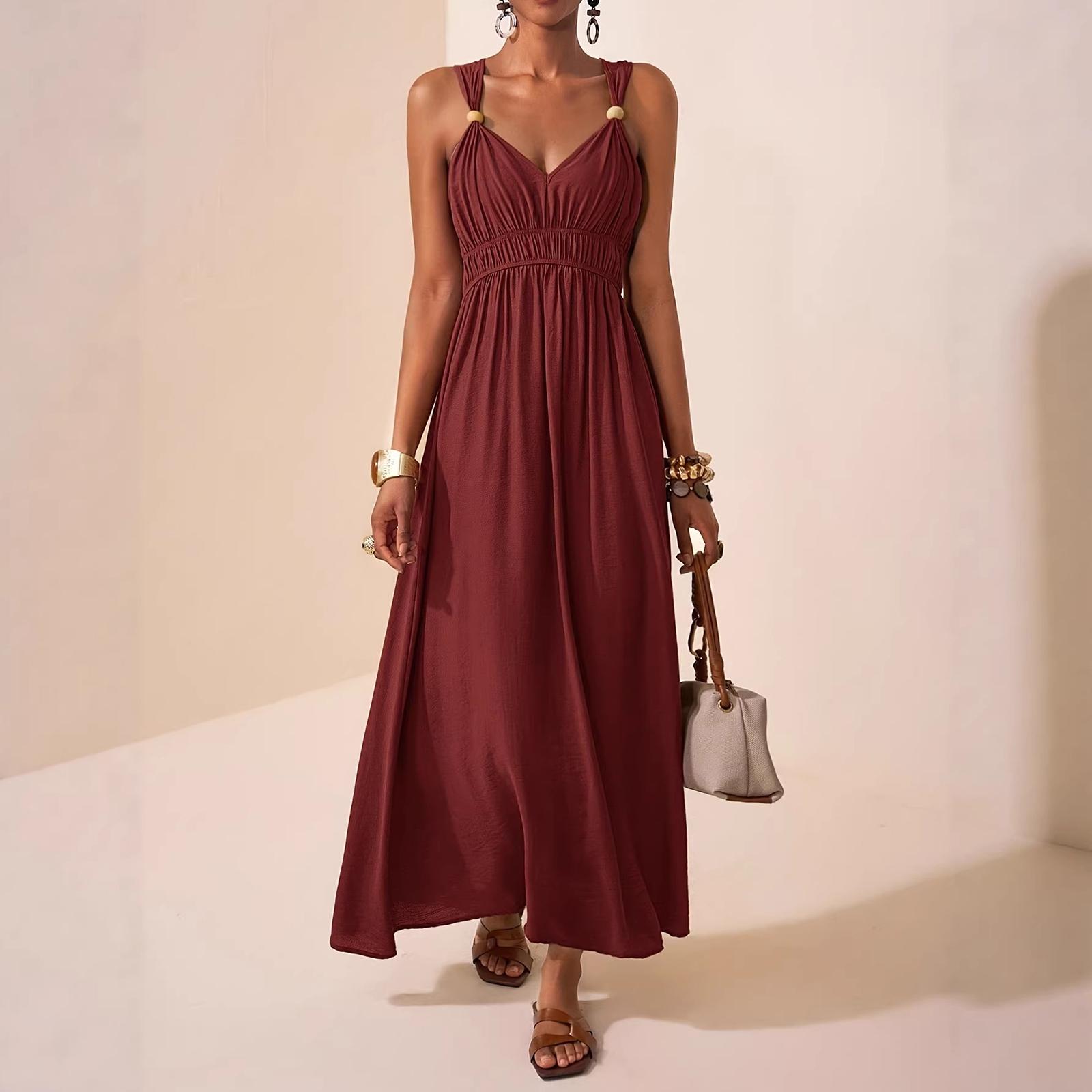 

Women s Summer Fashion V Neck Sleeveless Waist Cinched Beach Vacation Casual Large Swing A-line Length Dress XL винний