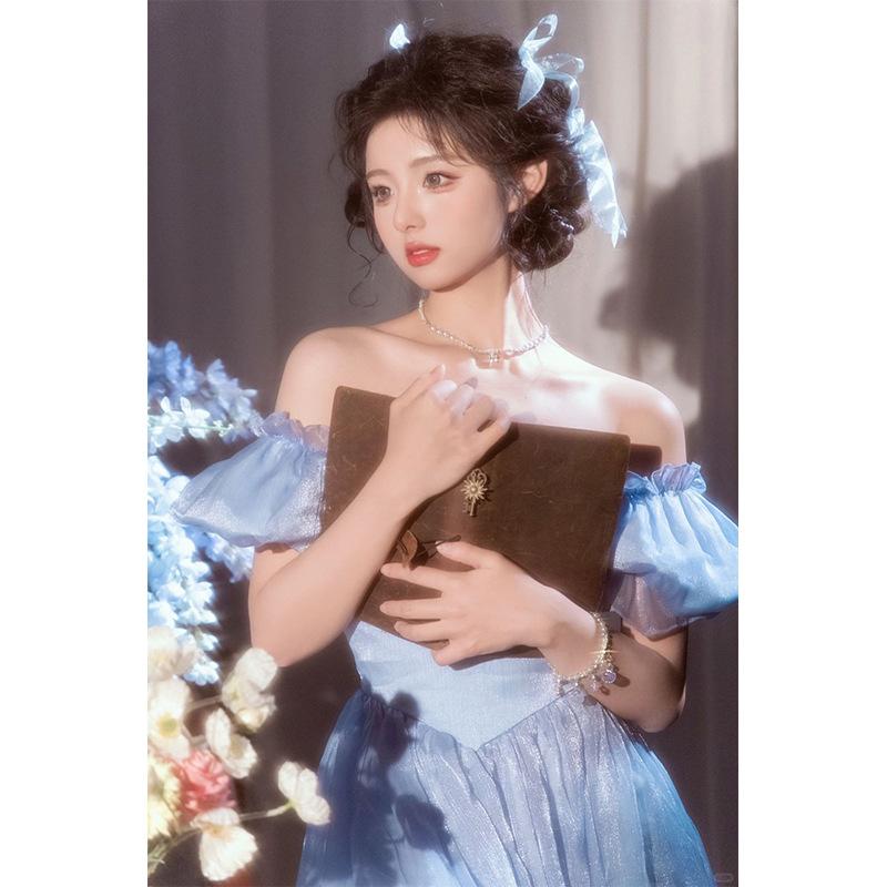 Lekka suknia ślubna 2025 nowa sukienka w stylu retro z Hongkongu niebieska wysokiej klasy sukienka studencka dla dorosłych sukienka księżniczki