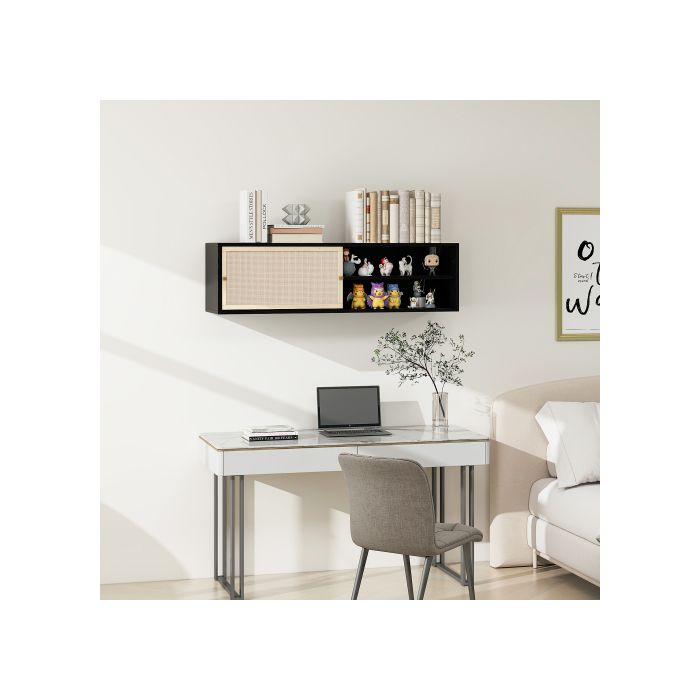 Une Armoire Murale Rectangulaire Noire Avec Portes Coulissantes Gauche-droite, Finition En Rotin Tressé, Longueur 110 Cm.