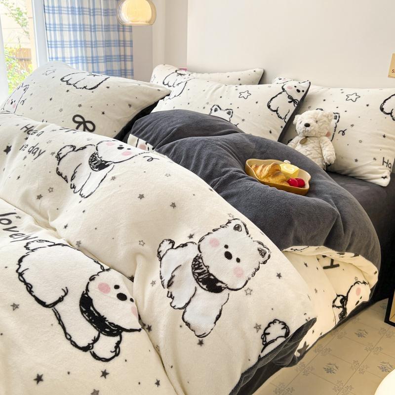 Thickened Milk Fleece Bed Four-Piece Set, Double-Sided Fleece Coral Fleece Quilt Cover, Bed Sheet Three-Piece Set