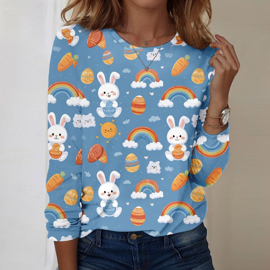 Women's Daily Casual Long Sleeved Easter Printed Round Neck Top