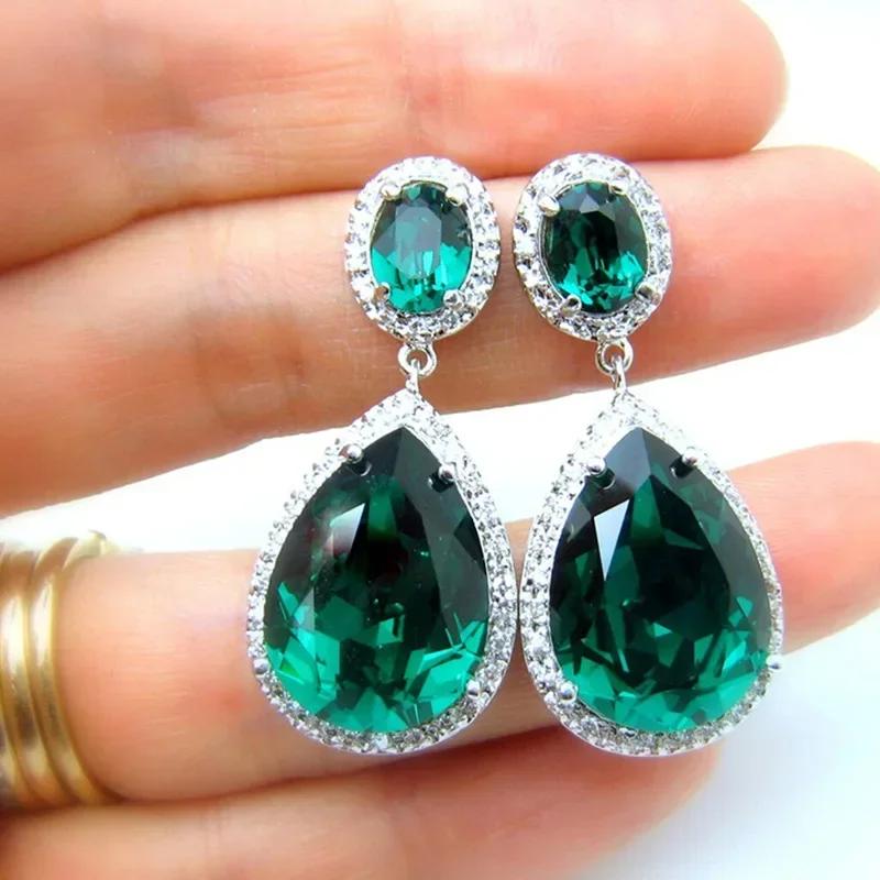 Luxury Square Green Cubic Zirconia Crystal Pendant Earrings Exquisite Fashionable  Women'S Wedding Jewelry