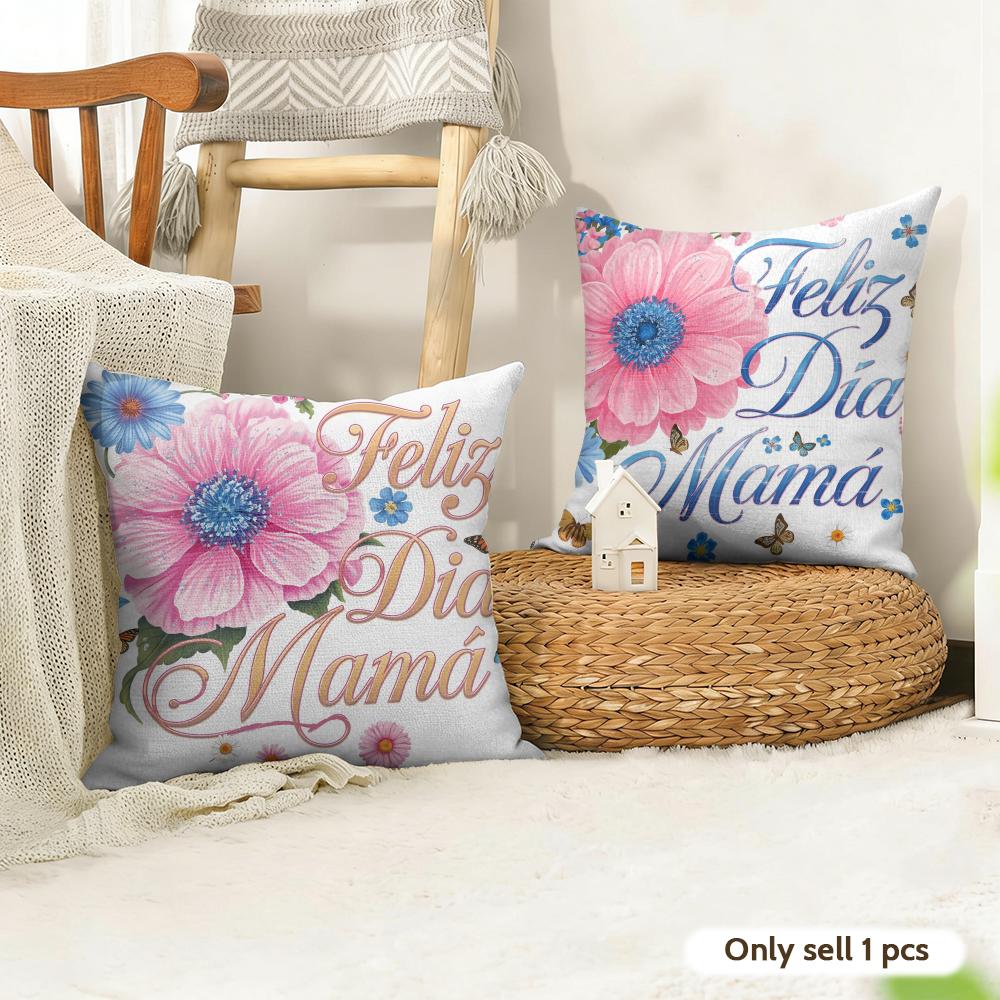 Feliz Dia MaMa Flowers Cushion Cover Natural Linen Organic Fabric DoubleSided Printing Couch Pillow Covers Home Decor