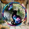 Galaxy Cat & Butterfly Sun Catcher. Painted glass decor for garden, office, room. Ideal gift.