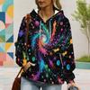 Women Plus Size Long Sleeve Drawstring Hoodie Galaxy Space Print Black Kangaroo Pocket Pullover
