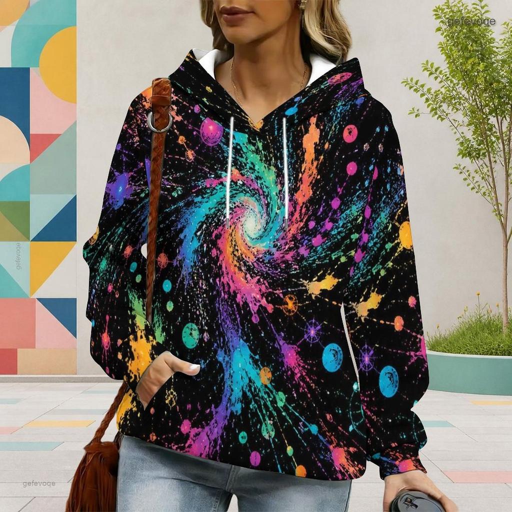 Women Plus Size Long Sleeve Drawstring Hoodie Galaxy Space Print Black Kangaroo Pocket Pullover